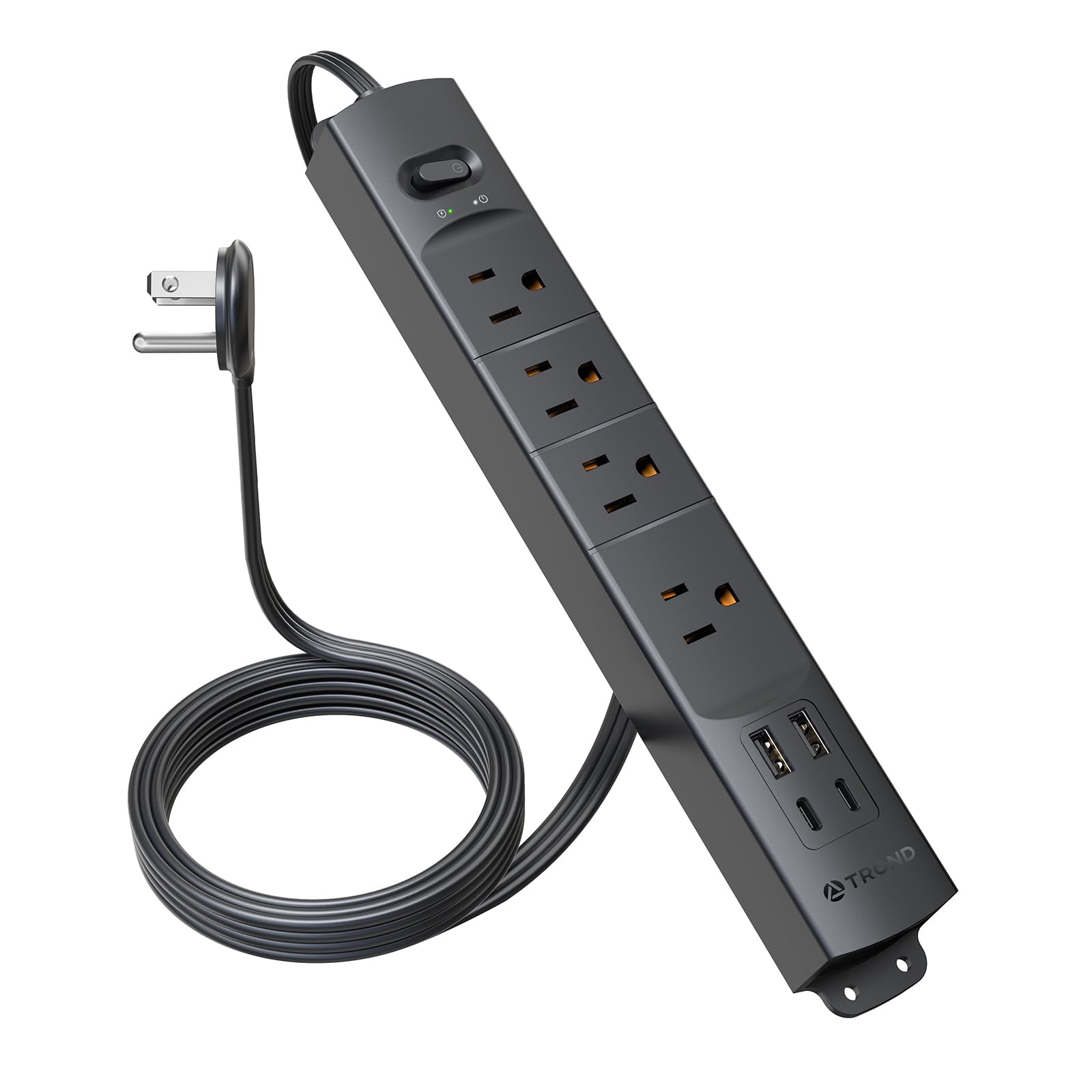 TROND Surge Protector Power Bar with 2 USB C, ETL Listed, 5ft Ultra-Thin Flat Plug Extension Cord Indoor, 4 Outlet Extenders, 1440 J, Wall Mount, Office Supplies Dorm Room Essentials, Black