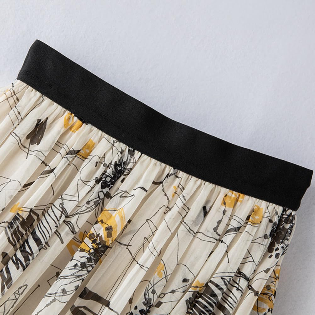 DISSA Jupe midi Soie Femme Taille élastique imprimée,S2010-13