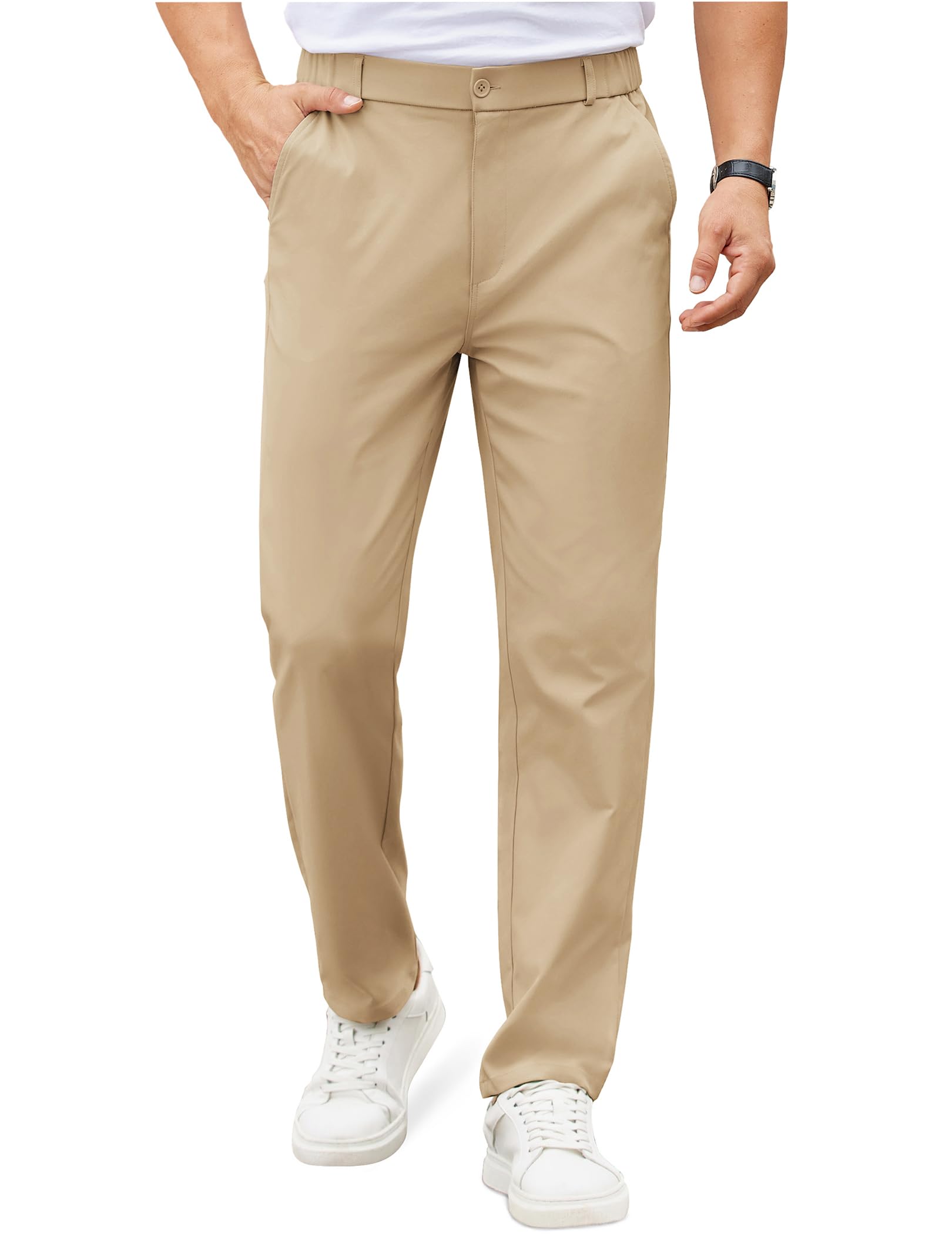 COOFANDY Mens Casual Chinos Pants Classic Fit Golf Pants Expandable Waist Straight Dress Trousers Khaki