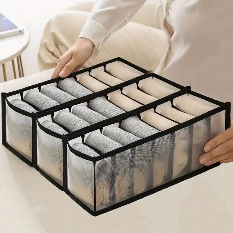 Image of atorakushon Fabric 7 Compartment Wardrobe Organizer /Closet Storage Box for Underwear /Socks /Ties /Scarves /Bras /Lingerie /Almirah Compartment Storage Solution Foldable Drawer Organizers (Pack of 3 Brown)