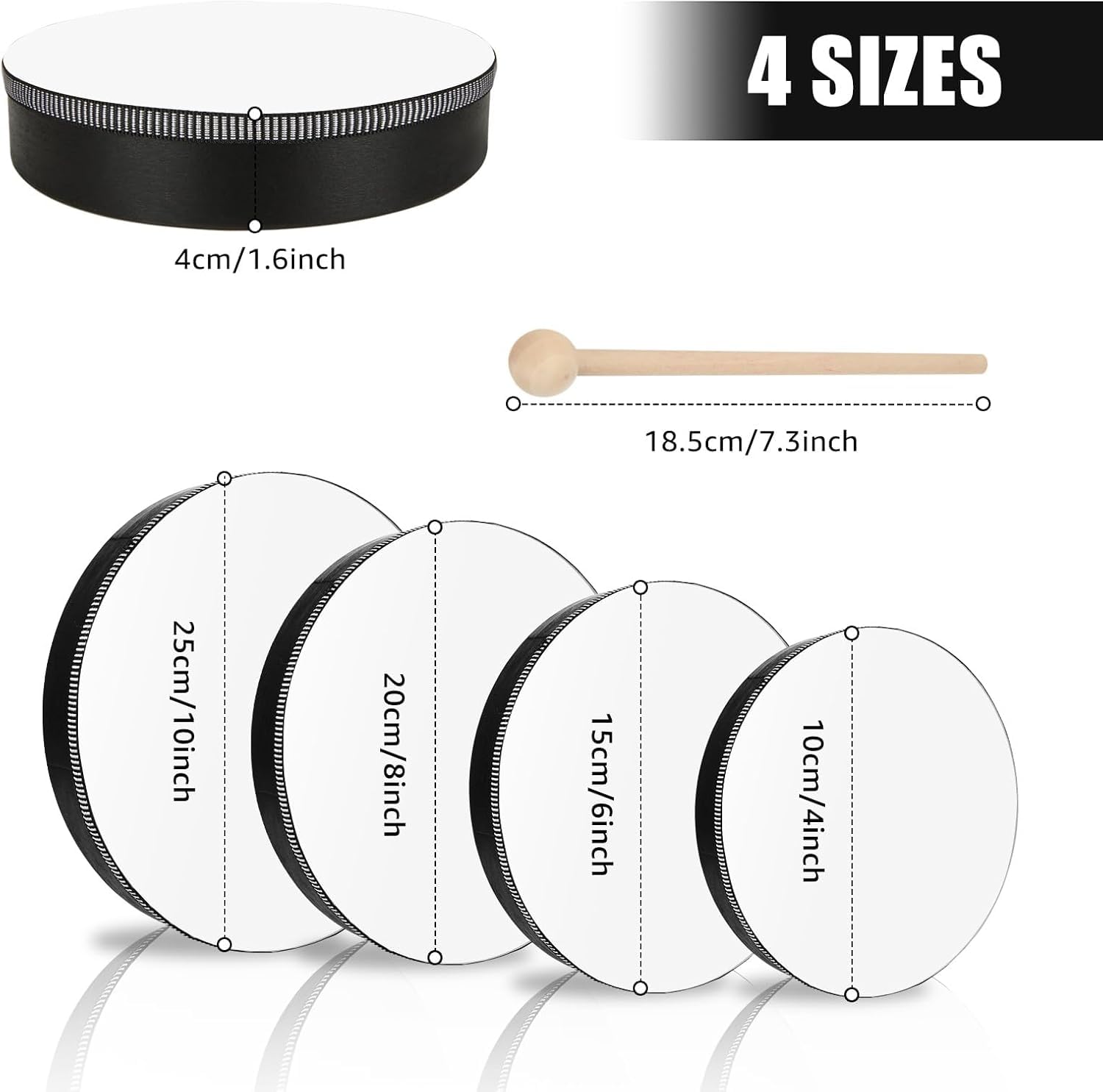 MIVIDE 4 Stück Handtrommel mit Schlägel, Tamburin Trommel, Tambourin Percussion, Holz Handtrommel Set für Party, Leistungen(4zoll, 6zoll, 8zoll und 10zoll)