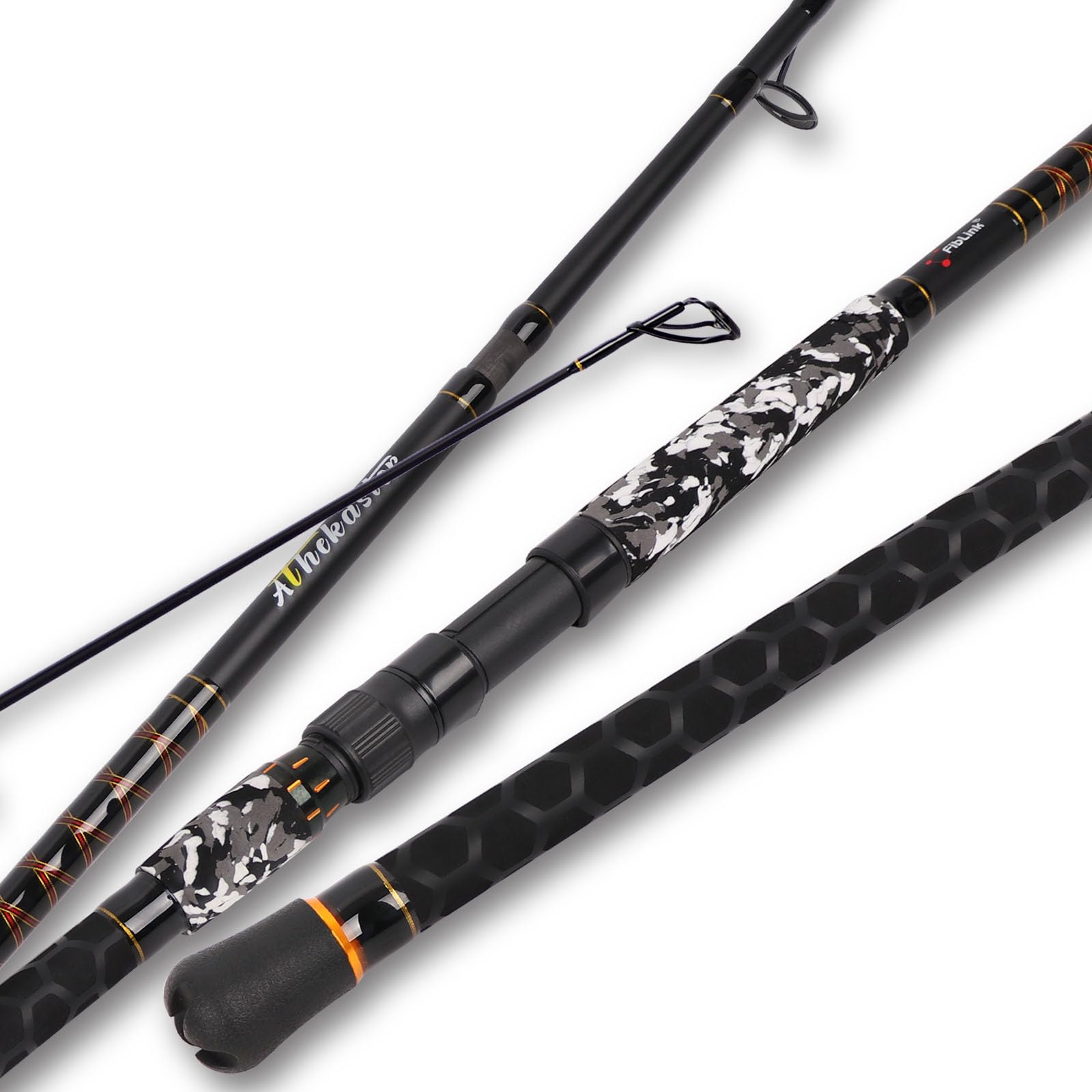 Fiblink Travel Surf Fishing Rod,Portable 3 Piece Spinning Rod,Carbon Fiber Surf Fishing Pole,Stainless Steel Guides with Ceramic Rings,No-Slip Grip 10'6" (Black, Spin/10'6"/3pc)