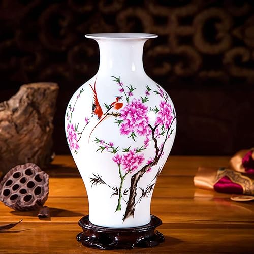 Miniatura 9 de Jarrón de cerámica blanco chino, Jingdezhen Birds Peony Flower Jarrones de porcelana blanca Decoración para el hogar