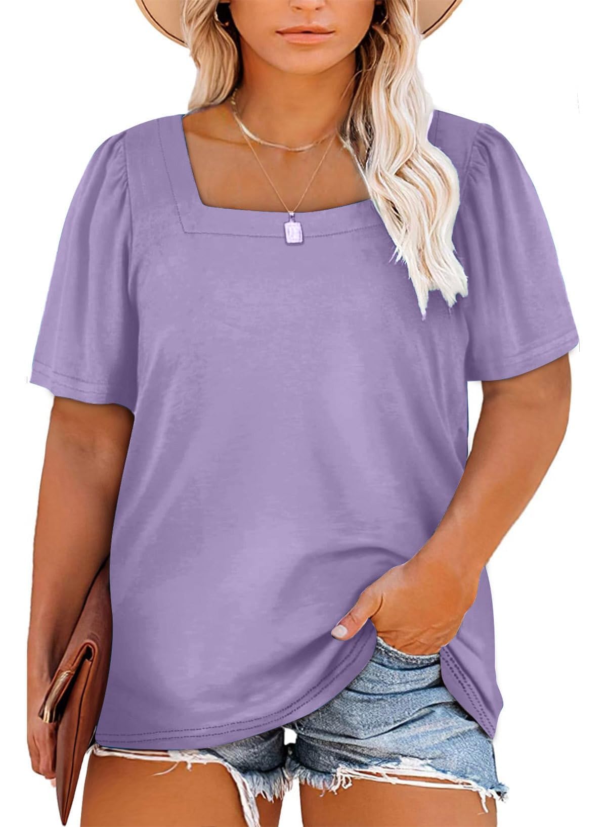 Eytino Womens Plus Size Fall Tops Square Neck Puff Long Sleeve Casual Loose Tee Shirts(1X-5X)