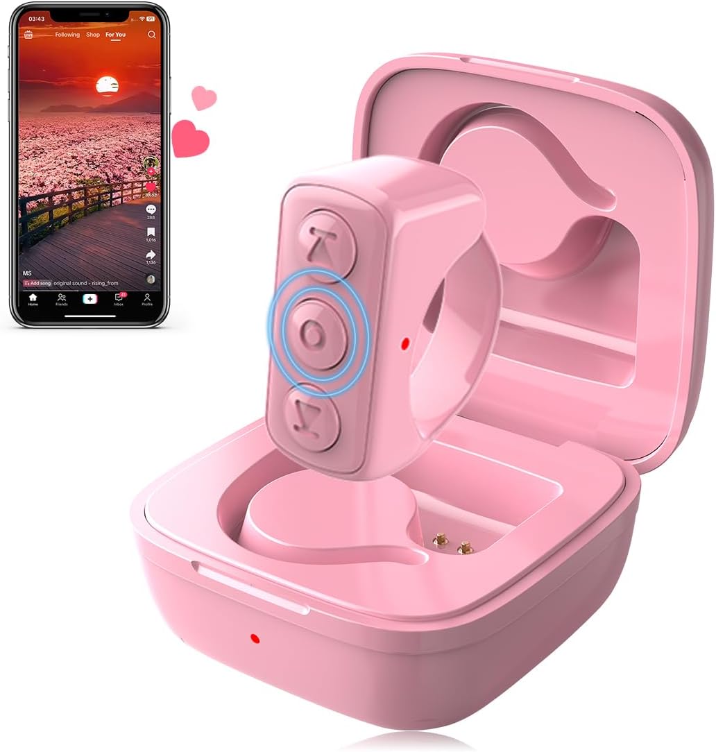 Remote Scrolling Ring for TikTok, Bluetooth Page Turner for iPad iPhone, Scroller Remote for TIK Tok, Camera Shutter Remote Control for iOS, Android - Pink