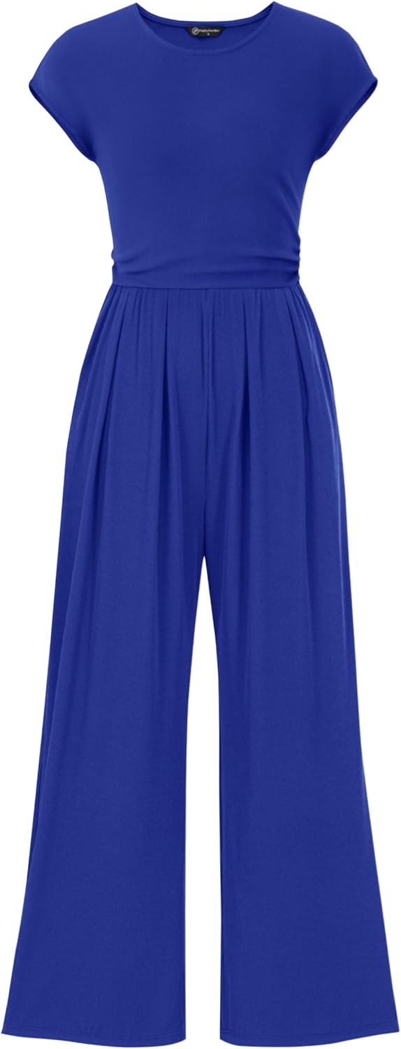 PRETTYGARDEN Summer Jumpsuits for Women Dressy 2025 Ribbed Cap Sleeve Wide Leg Pants Rompers Elegant Casual One Piece Outfits