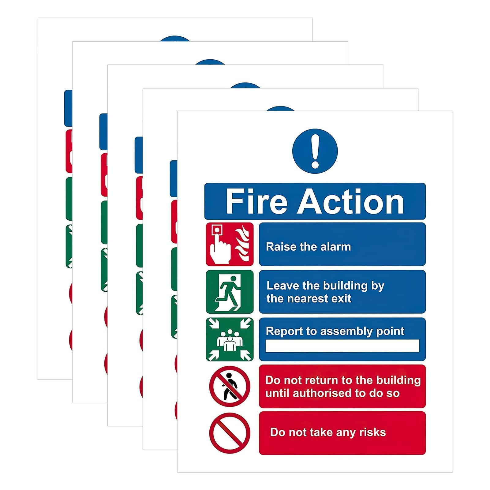 5 Pack Fire Action Notice Sign 15 x 20 cm Self Adhesive Safety Signs Vinyl Sticker Waterproof Fade Resistant with Clear Fire Alarm Guidelines Evacuation Procedure