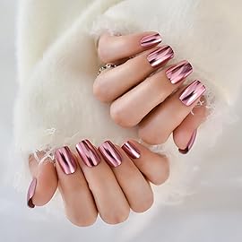 ELEVENAIL Press On False Nails Cool Sweet Metallic Mirror Pink Nail Art Tips Salon Women Girls DIY Manicure Reusable Acrylic Medium Length Squoval Stick On Fake Nails for Daily Office Home Party