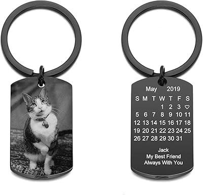 PiercingJ Personalized Custom Photo Picture Calendar Text Engraved Cremation Keychain Stainless Steel Military Army Dog Tags Pendant Key Ring Urn Ashes Holder Keepsake Memorial Jewelry