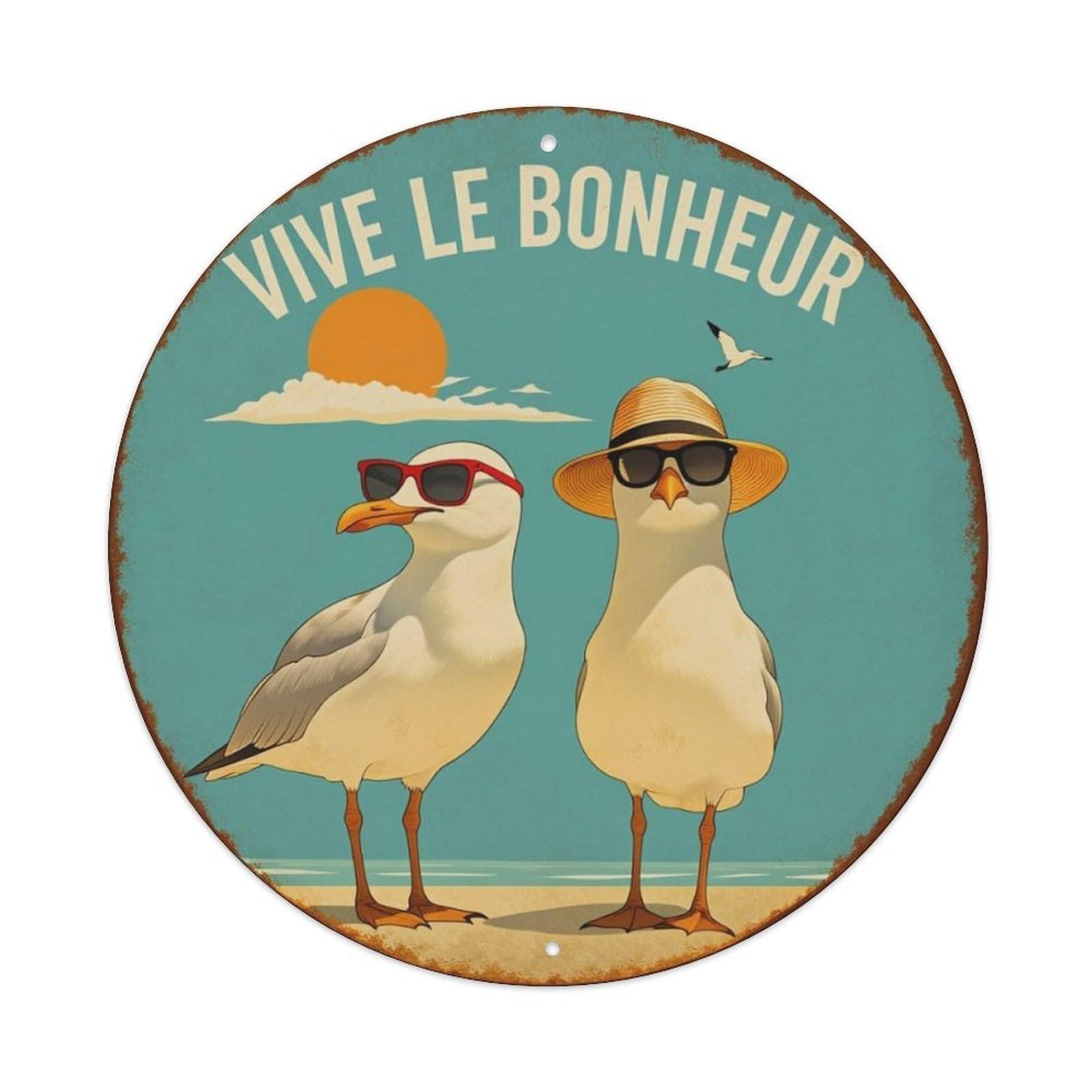 Vintage French Seagull Beach Round Decor Sign Vintage Aluminium Metal Sign, Retro Wall Decor for Home, Bar, Garage & Farmhouse 20x20cm