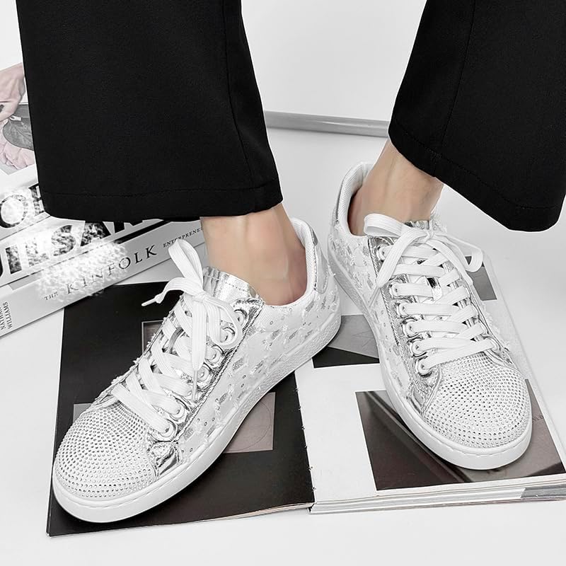 Men's Punk Rhinestone Sneakers Fashion Casual Walking Shoes Black White Athletic Sneakers - Image 5