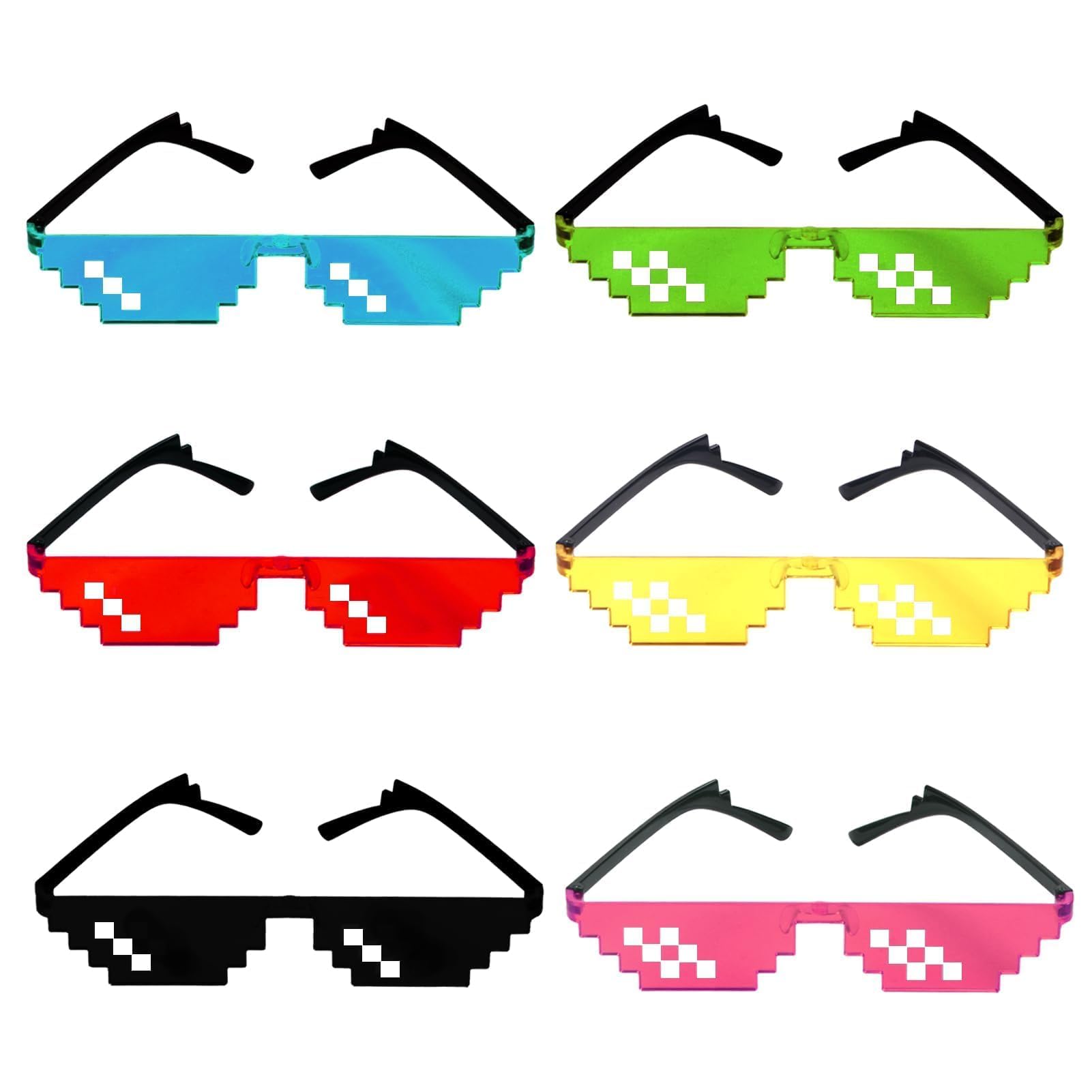 Lunettes Pixelées Mosaïque – 6 Paires Multicolores – Pour Fête, Déguisement, Cosplay