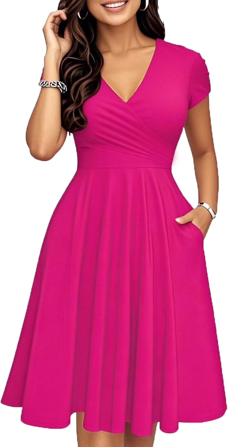 oxiuly Women's Vintage Dot V-Neck Cap Sleeve Casual Pockets Swing Tea Dress OX296