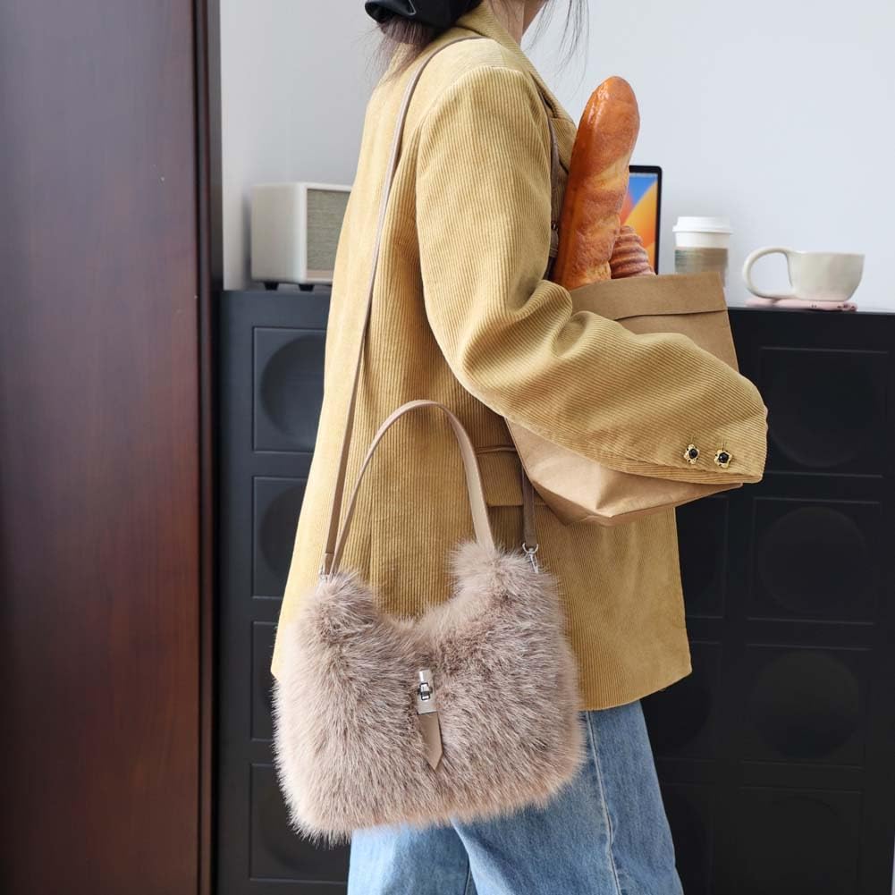 Women's Shoulder Handbags - Winter Fluffy Bags for Women Faux Fur Furry Purse Crossbody Tote Bag Satchel Handbags - Image 6