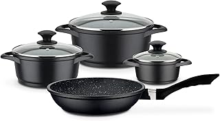 GSW Gourmet Granite Saucepan and Pan Set - High Quality Set of Pots and Pan with Lid Also Suitable for Induction and Oven - Cast Aluminium, 7 Pieces, Black