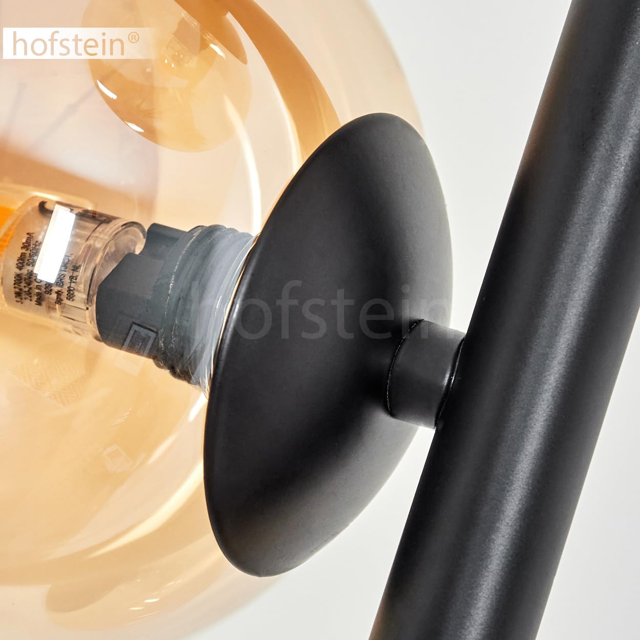 Stehleuchte Remaisnil, moderne Stehlampe aus Metall/Glas in Schwarz/Bernsteinfarben, Standleuchte mit Schirmen aus Glas (Ø 12 cm), mit Fußschalter am Kabel, 3 x G9, ohne Leuchtmittel