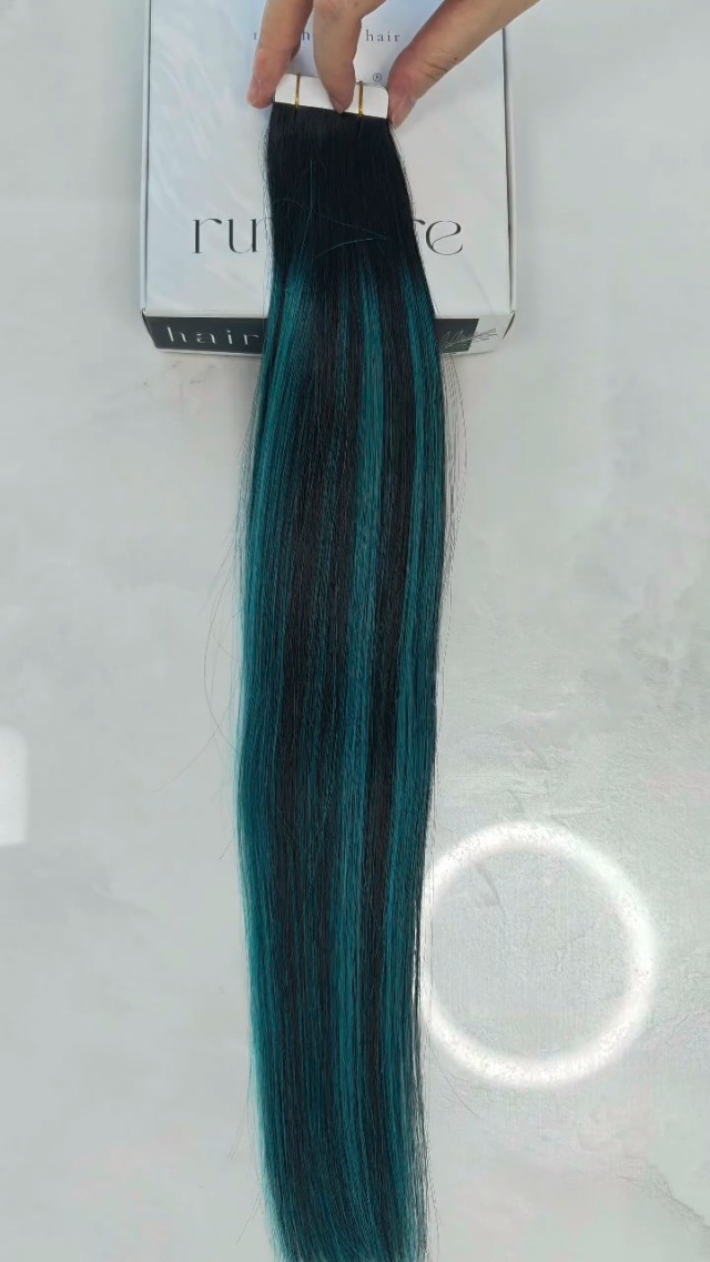 Black Teal Green Ombre Human Hair Clip Extensions Green Hair, Ombre Dip Dyed Hair, Clip in Hair Extensions  main image 2