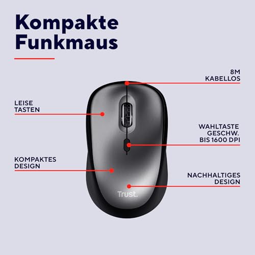 Trust Leise Funkmaus mit Batterie für Rechts- und Linkshänder, 800-1600 DPI, 83% Recyclingkunststoff, Verstaubarer USB Mikroempfänger, Kompakte Maus Kabellos für Laptop, PC, Mac - Schwarz – Bild 3