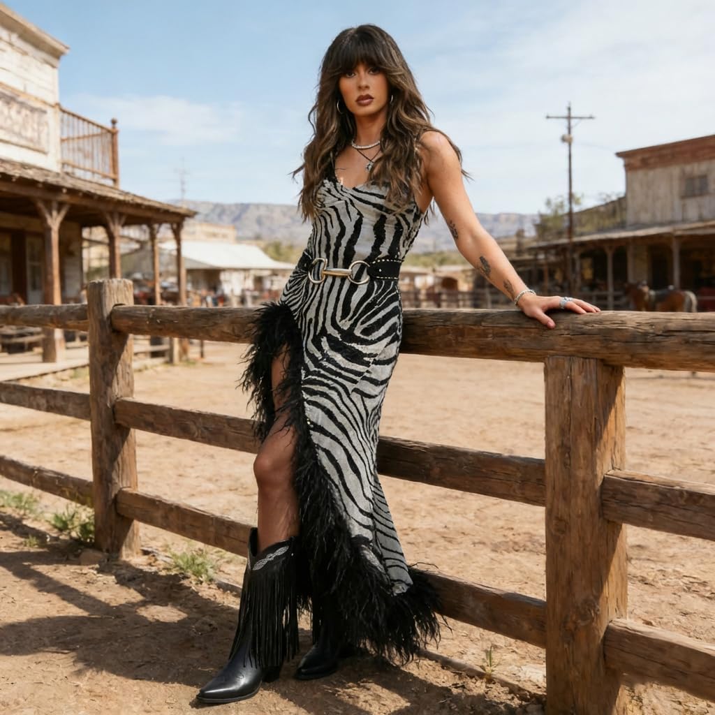 Cozivwaiy Fringe Cowboy Boots for Women Embroidered Mid Calf Cowgirl Boots Slip On Pointed Toe Chunky Heel Western Boots