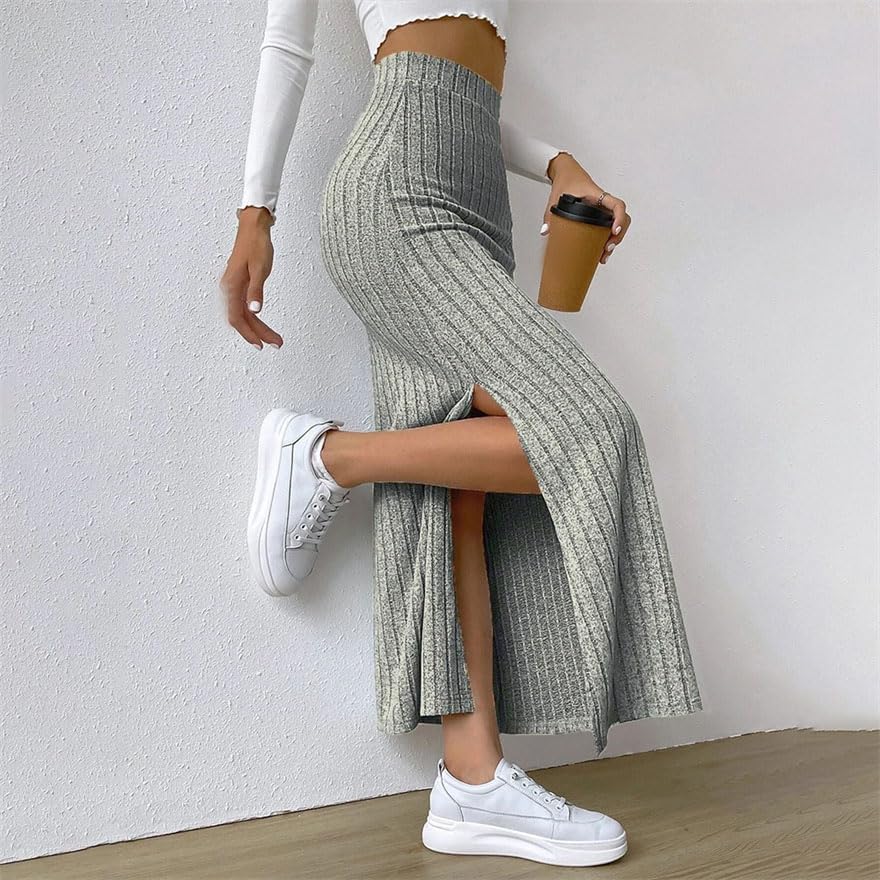 Women Slim Knit Midi Skirts Solid Vintage Elastic Waist Skirt Casual Pencil Skirt3