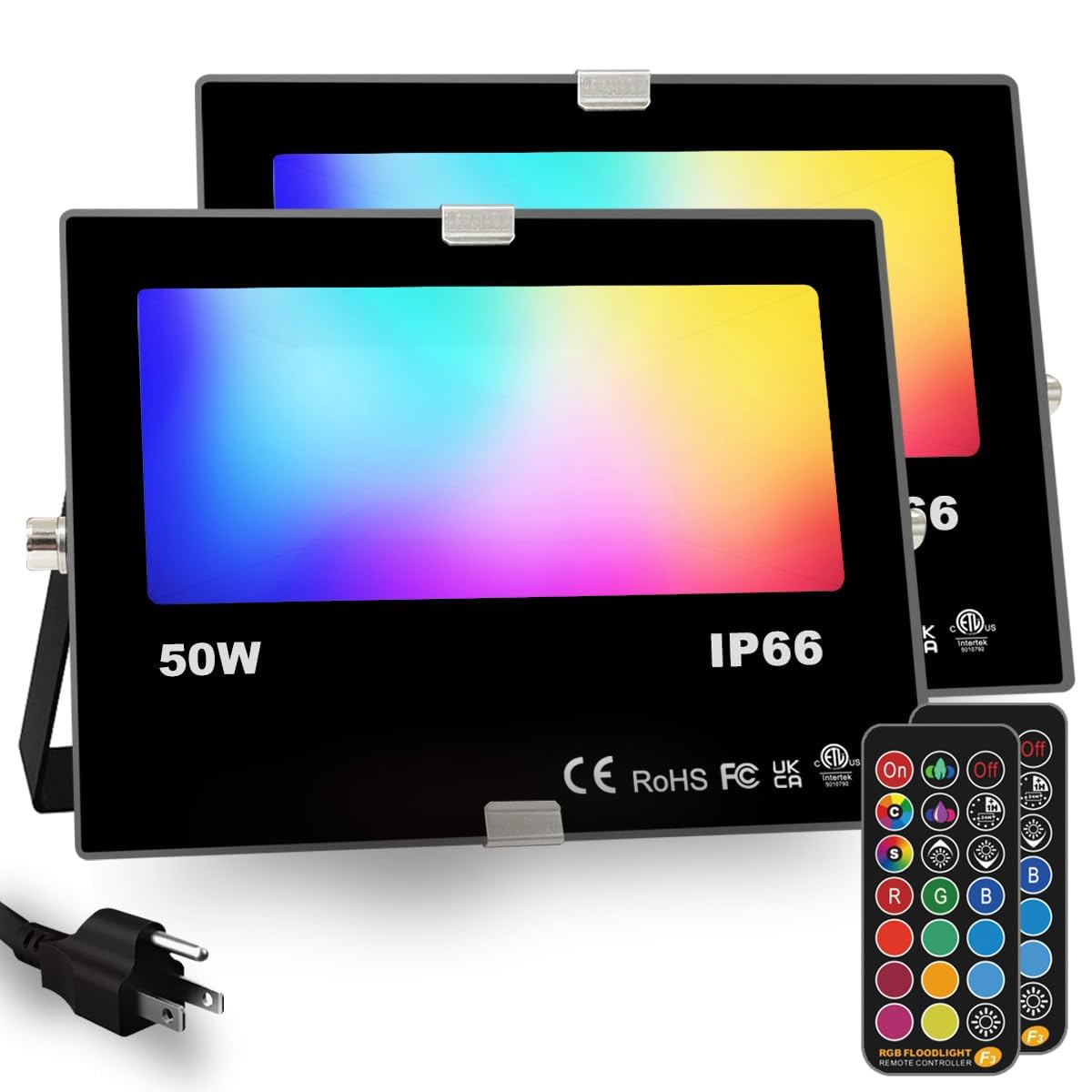 HEKEE RGB Led Flood Light 50W, Outdoor Color Changing DIY Customized Strobe Mode, Stage Landscape Lighting,Floodlights 12 Colors & 4 Modes, Remote Control Included, Timing IP66 Waterproof (2 Pack)