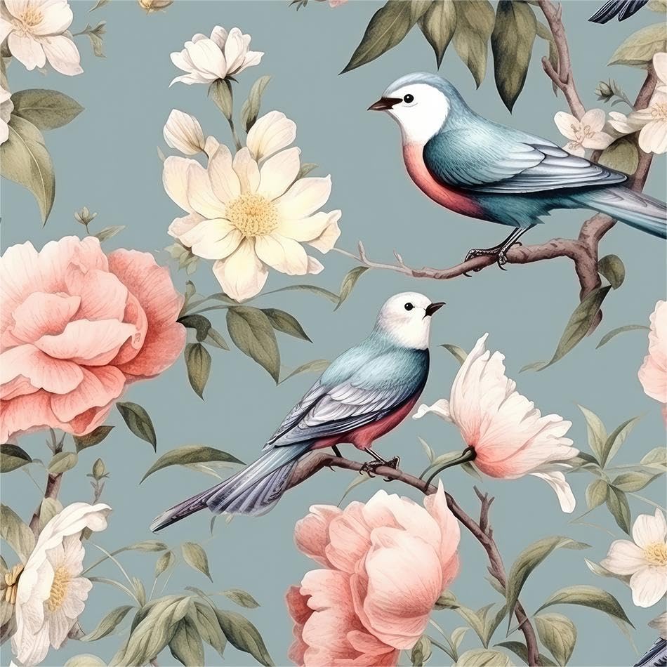MuralPeel Vintage Blue Pink Peony Floral Bird Peel and Stick Wallpaper Easy Peel Off Self Adhesive Removable Stick on Wall Paper for Kitchen Renter