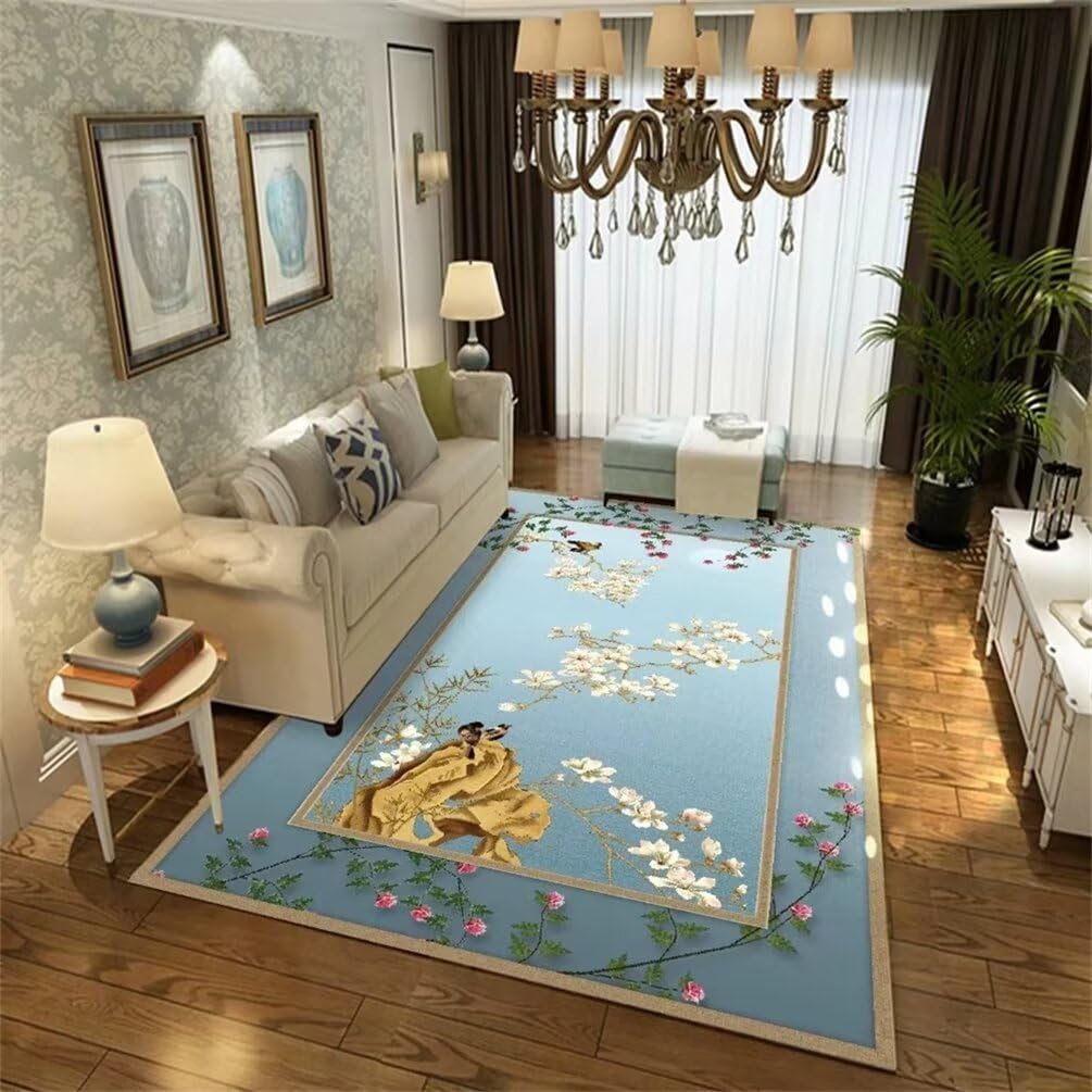 Tapis doux salon facile d'entretien bleu à motif oriental
