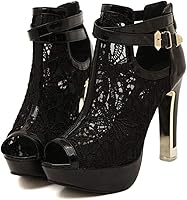 getmorebeauty Women's Lace Flower Peep Toe Chunky Heel Ankle Boots - Sexy Open Toe High Heels 4.3"