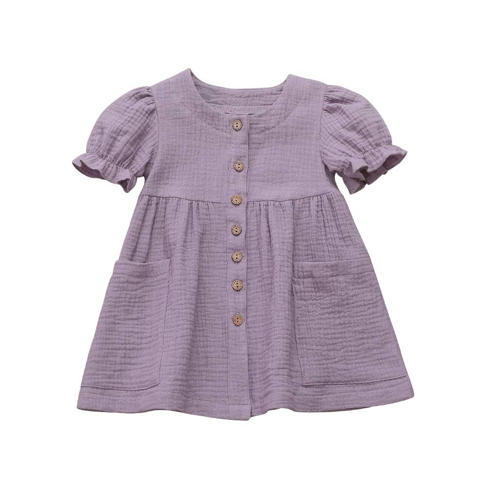 Toddler Baby Little Girl Cotton-Linen Dress Solid Pleated Button Spring Summer Fall Dresses Clothes