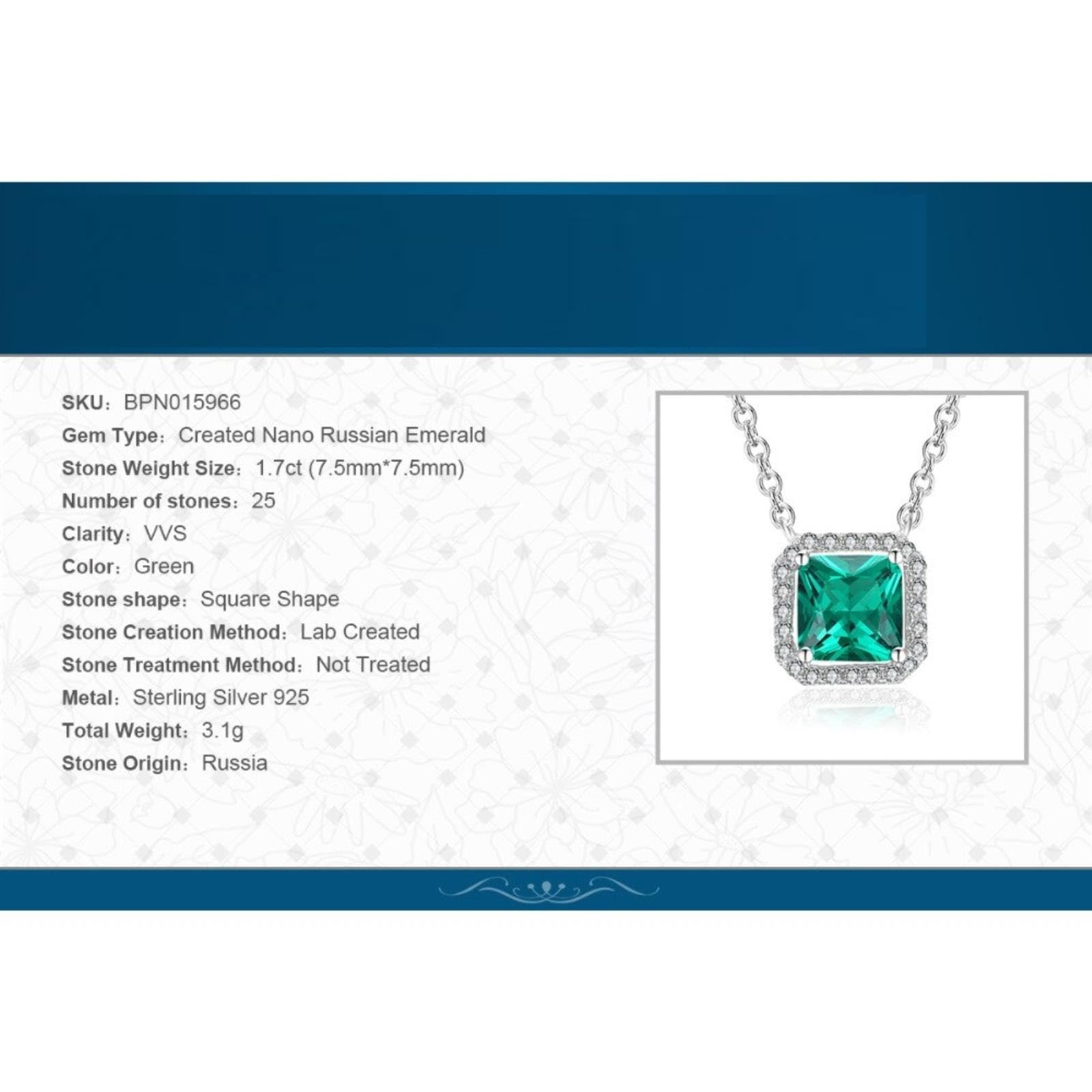 Collana con Pendente in Argento Sterling 925 con Smeraldo Nano Simulato Quadrato da 1,7 Carati per Donna Regalo Girocollo con Pietre Preziose Verdi 45 Cm