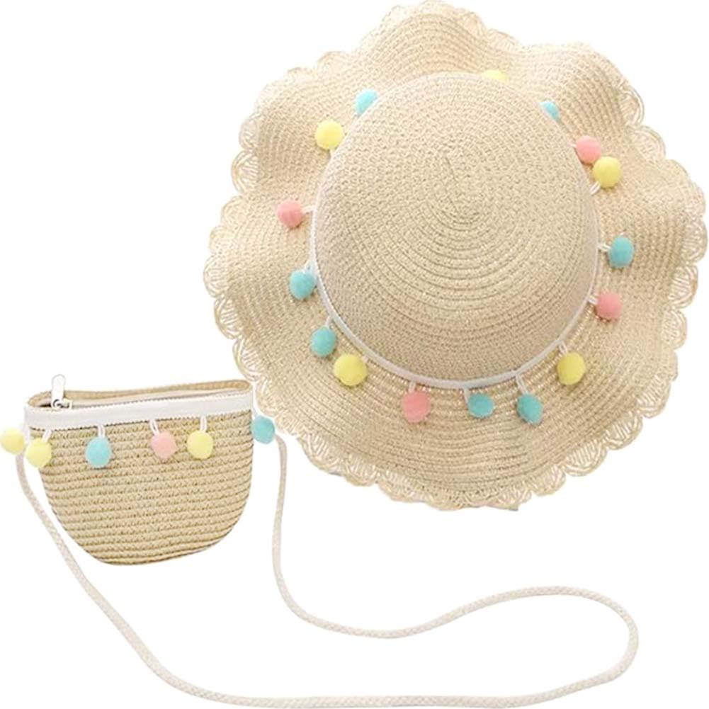 REYOK Ensemble Chapeau De Paille Et Sac Fille - Chapeau Soleil Avec Fleurs, Sac à Main Été Pour Vacances Plage Et Voyage (Beige)
