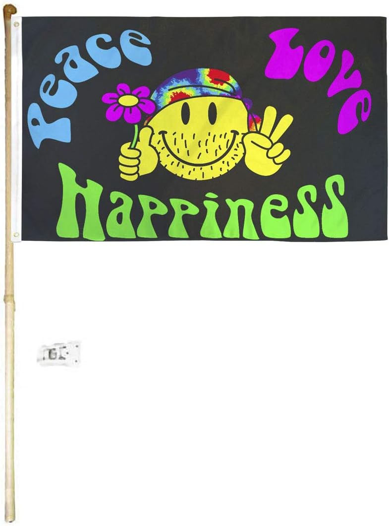 3x5 3'x5' Peace Love Happiness Polyester Flag With 5' (Foot) Flag Pole Kit With Wall Mount Bracket & Screws (Imported)