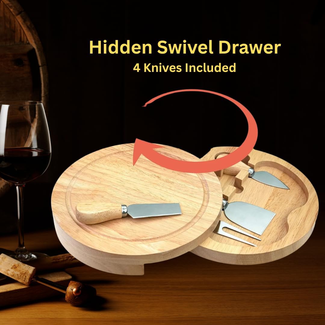 8" Round Wood Cheese Board with 4 Knives – Charcuterie Board Set with Swivel Slide-Out Drawer, Juice Groove, Compact Serving Board for Entertaining, Gifts & Travel - Image 2