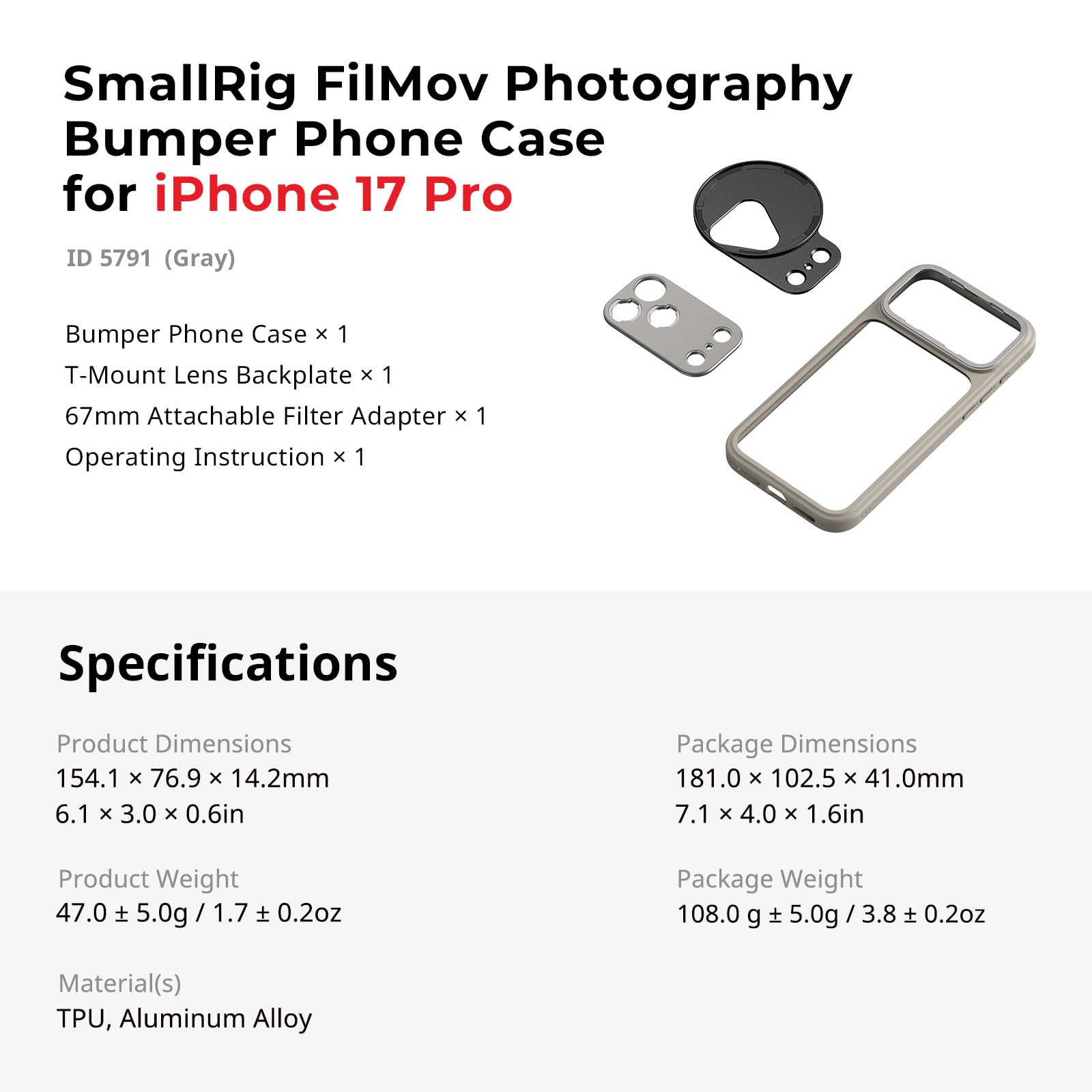 SMALLRIG Funda Bumper para iPhone 17 Pro MAX, Diseño Trasero Hueco con Placa de Lentes, Adaptador 67mm, Compatible con Gimbal, para dji, para Insta360, Gris - 5794