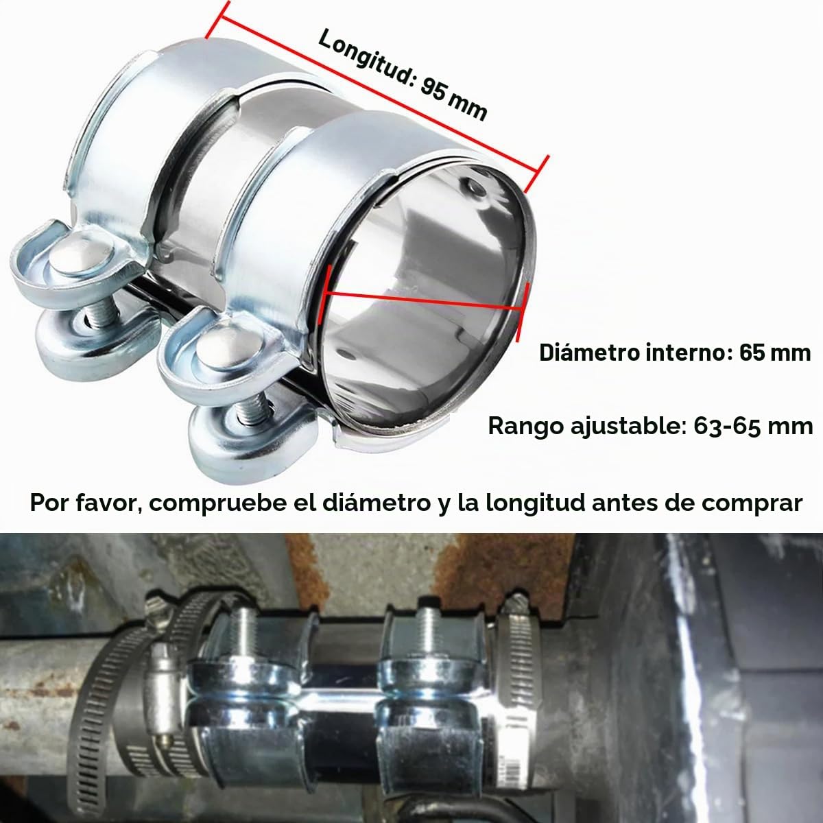 Abrazadera de Tubo de Escape 65mm Abrazadera de Banda de Escape Acero Inoxidable Conector de Tubo de Escape con Junta a Tope Doble Abrazadera de Escape Silenciador