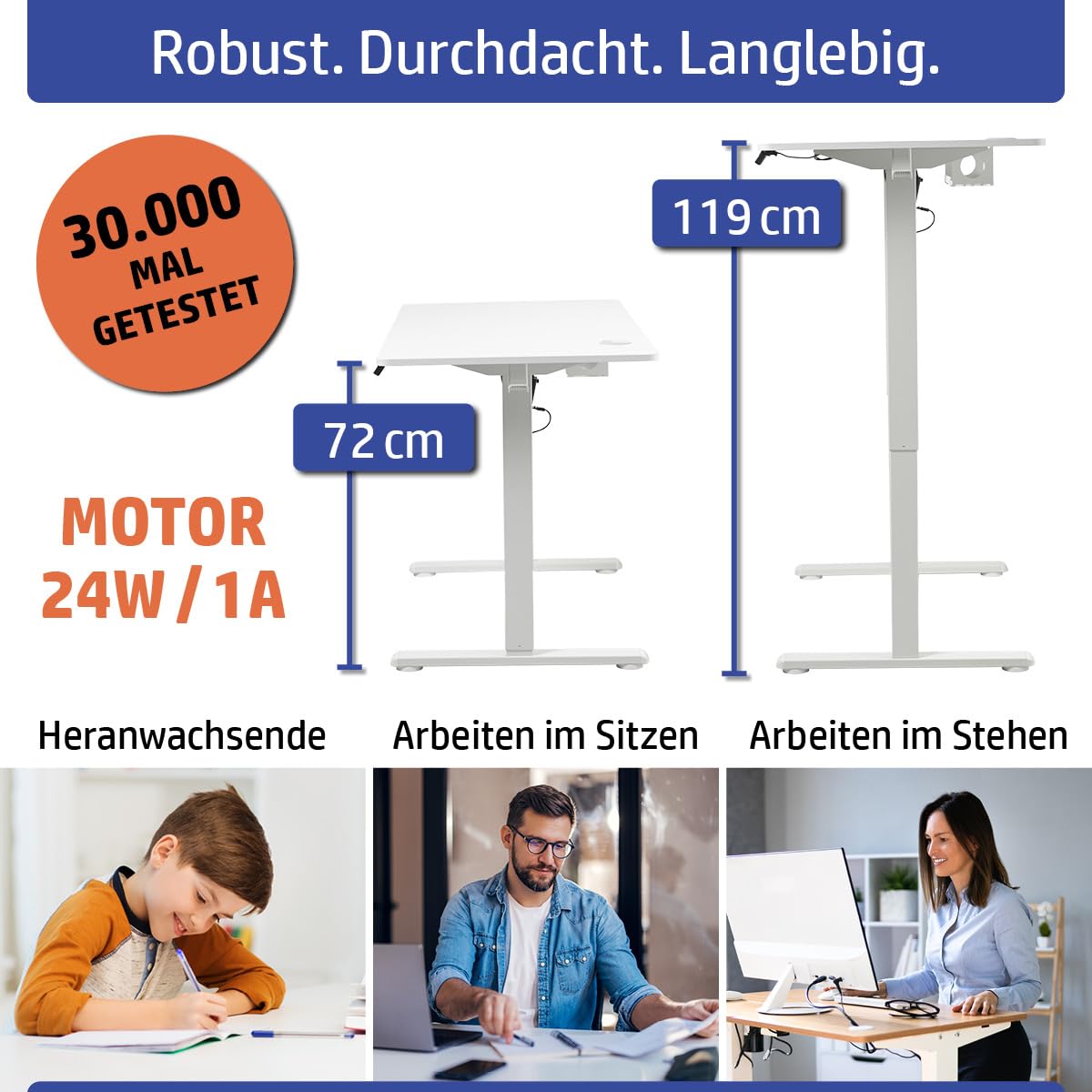 Höhenverstellbarer Schreibtisch FlexxPro | 3 Größen & 2 Farben | Durchgehende Arbeitsplatte | Inkl. LED-Bedienfeld & Kabeldurchführung | elektrisch stufenlos & ergonomisch | 120x60cm Weiß