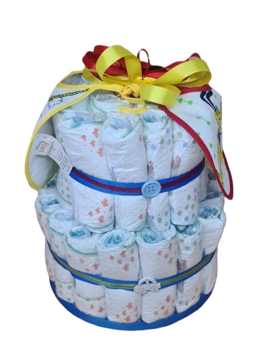 Torta di Pannolini MC composizioni azzurra composta da 40 pannollini e 2 bavette regalo nascita compleanno battesimo