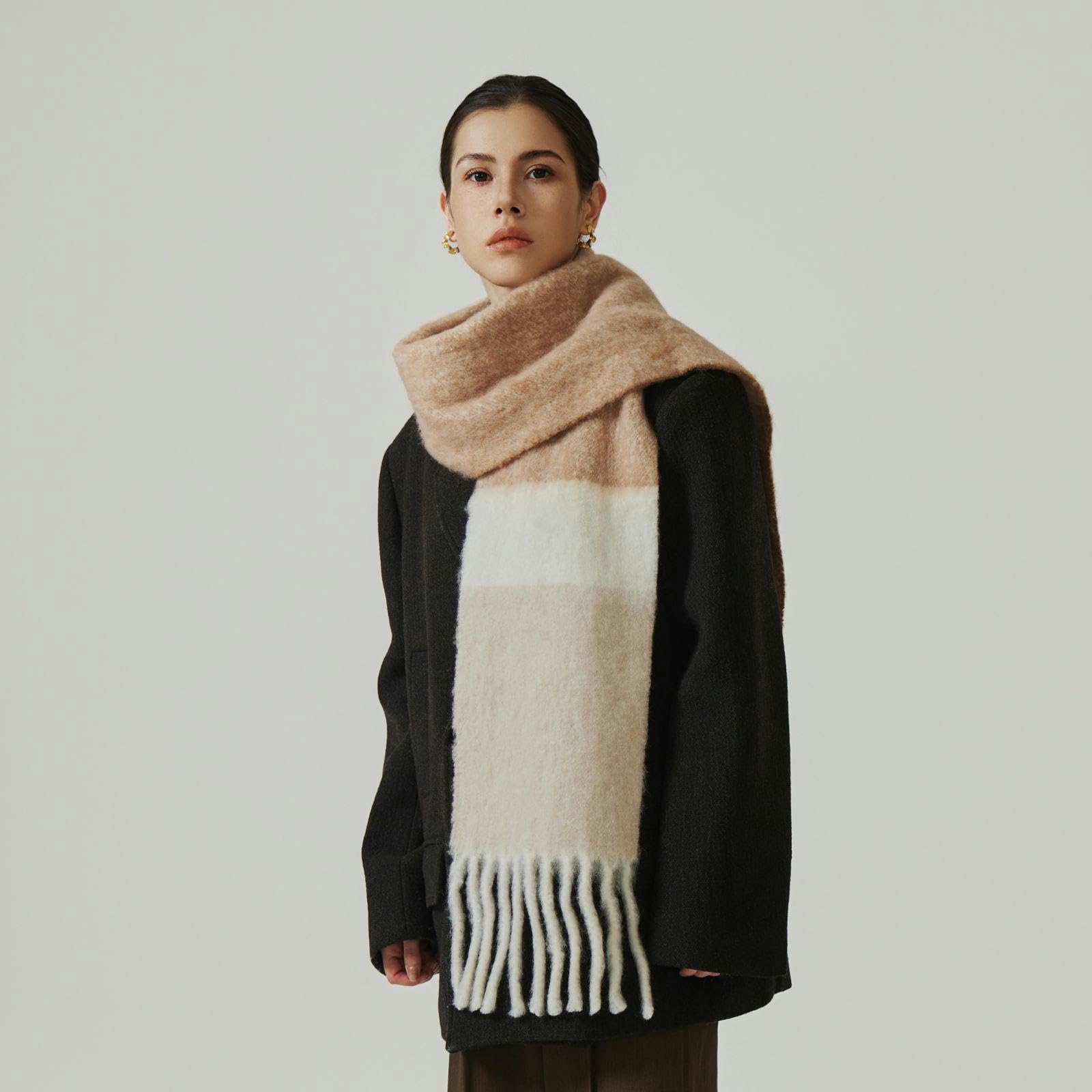 Sciarpa Donna Sciarpa di Lana da Donna Autunno Inverno - Colore A Contrasto, Calda E Spessa, Versatile Sciarpe E Stole da Donna con Nappe-blu-210 * 22 Cm