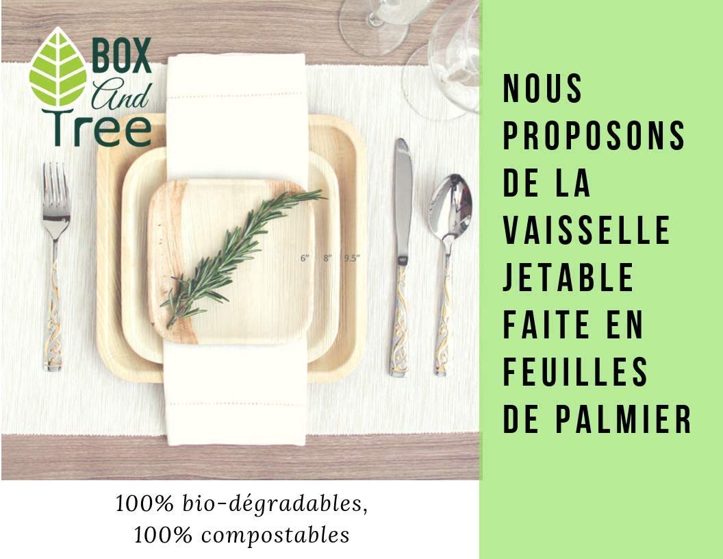 150 Pièces Vaisselle Jetable en Palmier 50x Assiettes, 75 Couverts en bois bambou(fourchette + couteau + cuillere) -25 Gobelets, Assiettes en Feuilles de Palmier Compostable & Neutre