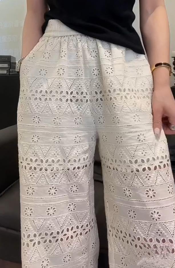 Womens Boho Eyelet Wide Leg Pants Summer Palazzo Beach Lounge Flowy Pant High Waisted Loose Casual Pants4