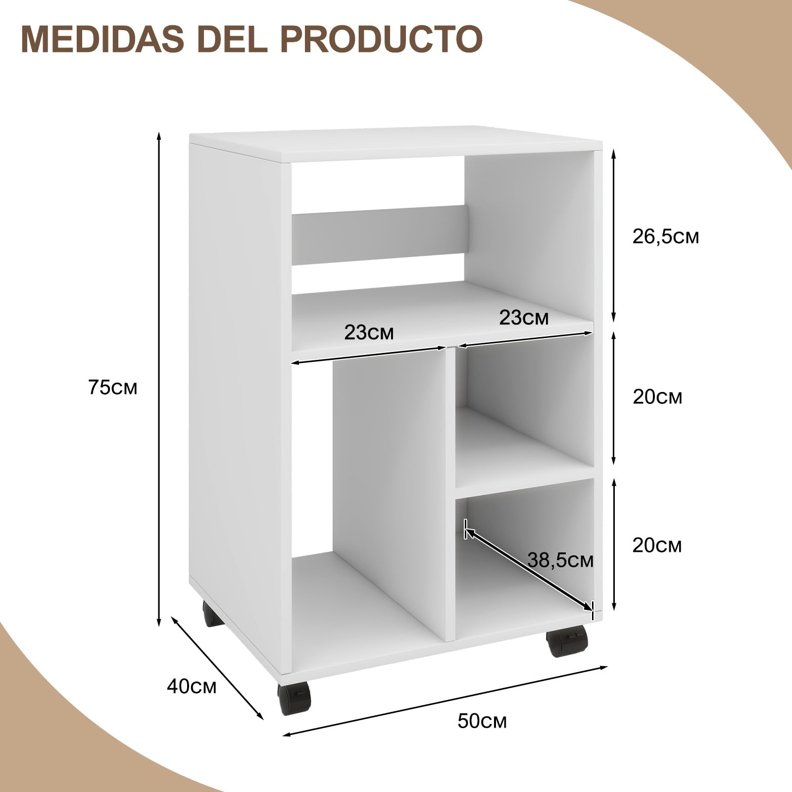 PUNCIA Mueble para Impresora con Ruedas Archivador Auxiliar Oficina de Madera con 4 Estantes Ajustables Mesa de Impresora Armario Móvil para Documentos DIN A4 Carro de Despacho Estudio Blanco