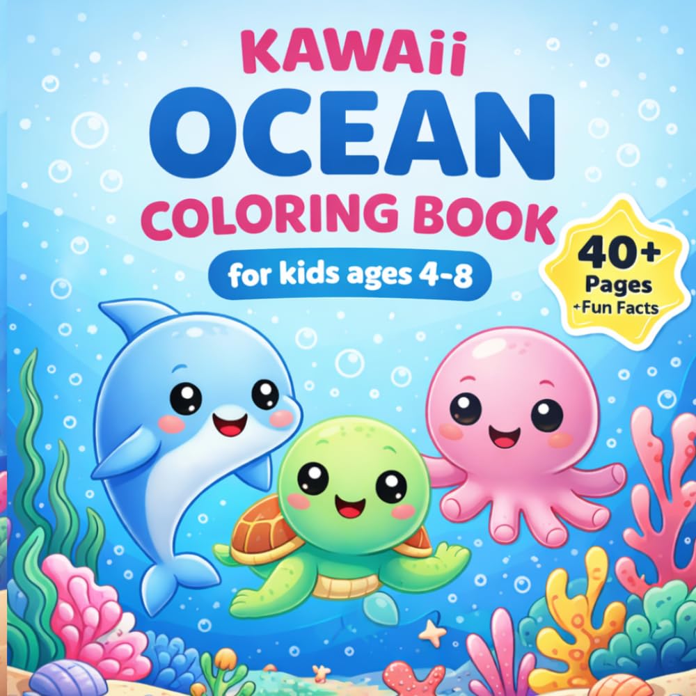 Kawaii Ocean Coloring Book for Kids Ages 4-8: 40+ Cute Sea Animals & Ocean Scenes with Fun Facts