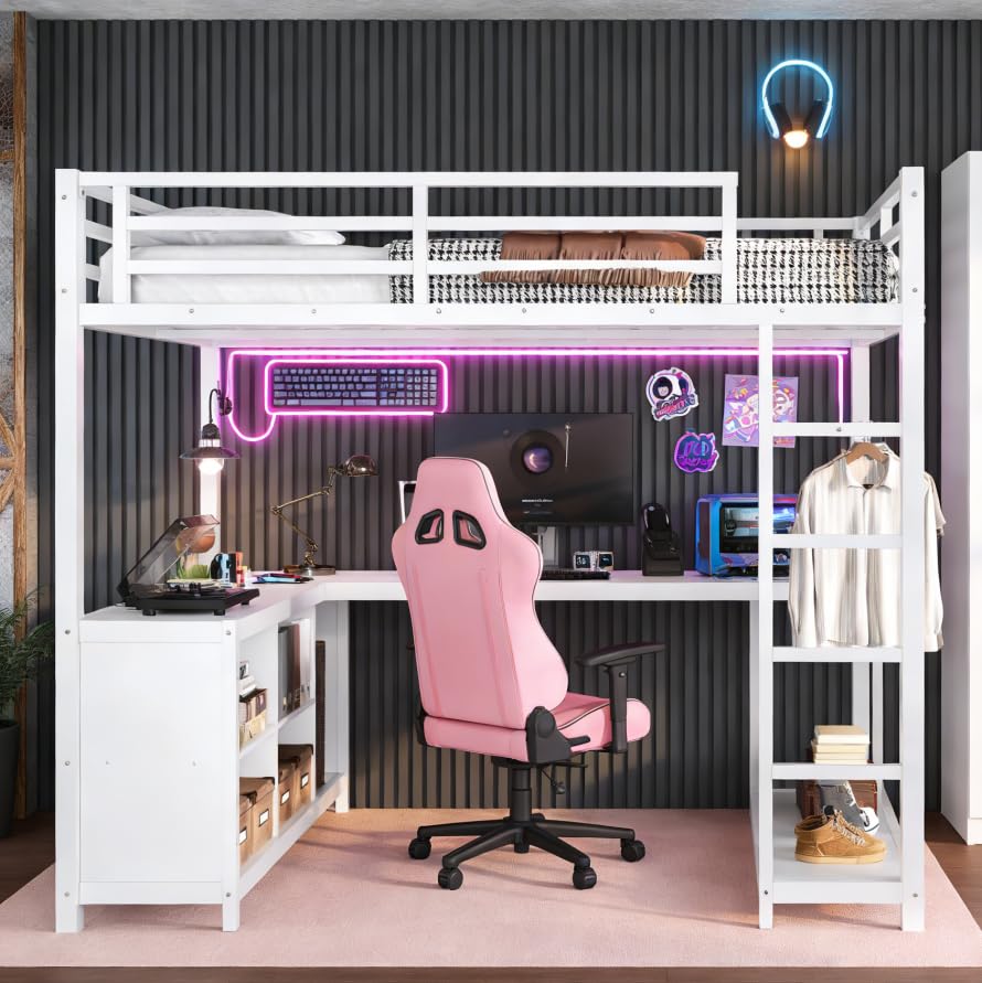 Image of Bellemave Queen loft Bed with L Desk, Wardrobe, Metal Queen Size Loft Bed Frame for Adults, Kids, Teens, White