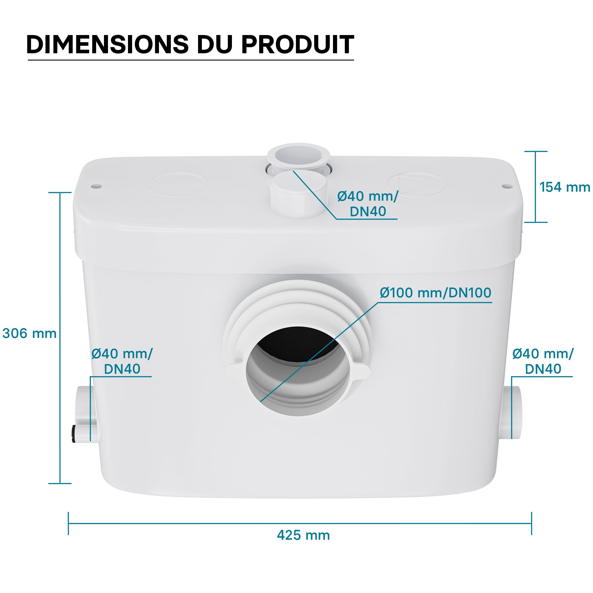 XPOtool Pompe de relevage 3/1 avec Raccord frontal – 450 W – 475 x 154 x 306 mm – 6900 l/h – Refoulement 7,5 m/75 m – Pour Eaux usées chargées WC – Station de Pompage Assainissement