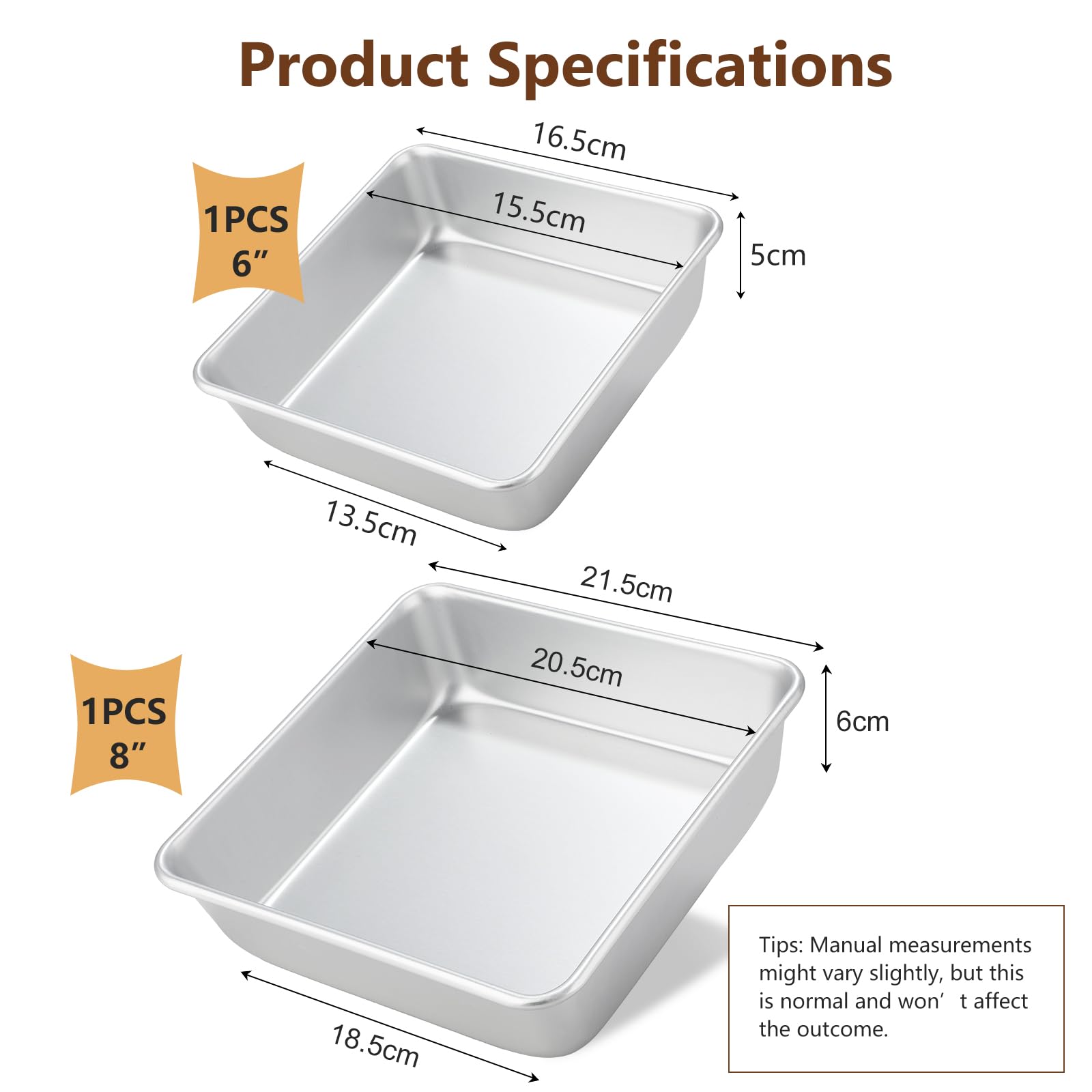 Set 2 Teglia da Forno Quadrata per Friggitrice ad Aria e Forno, per crostate, brownies e altro ancora, 16,5 e 21,5 cm, Argento