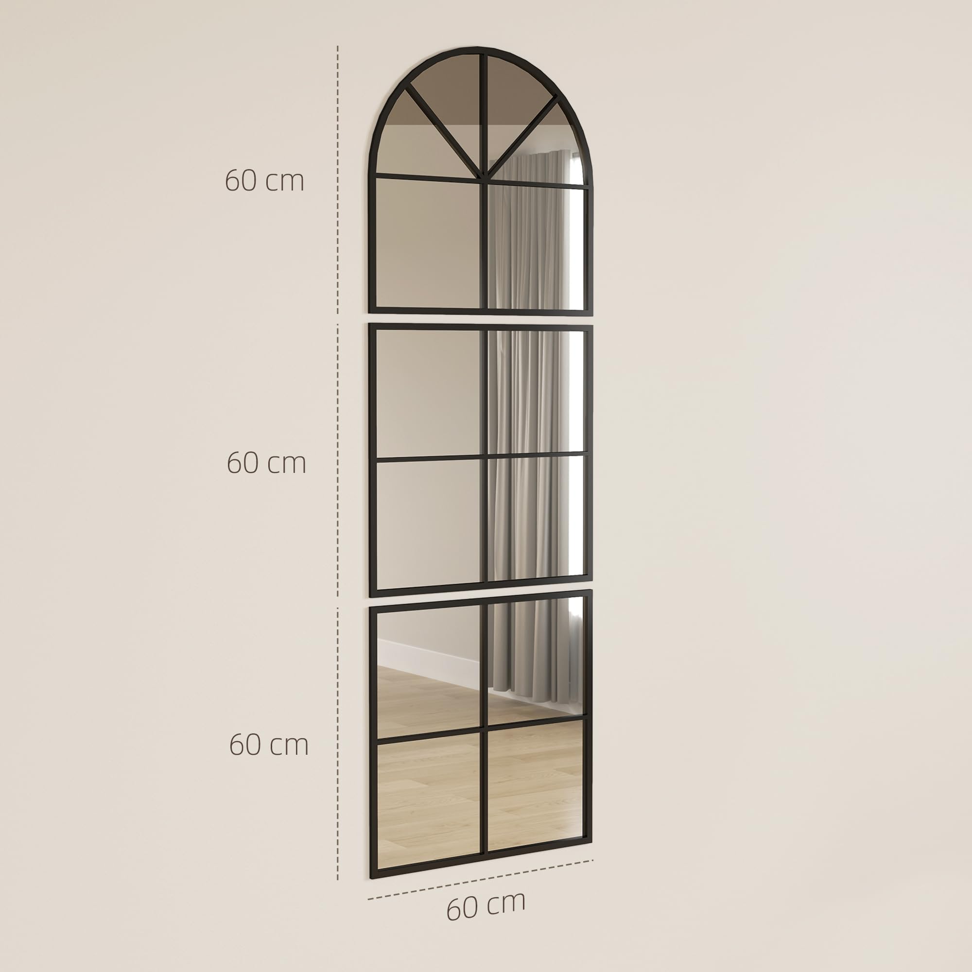 HOMCOM Miroir Mural arqué 60 x 180 cm, Grand Miroir verrière Arche Forme fenêtre avec Cadre en métal, pour Salon, Chambre, Couloir, Noir