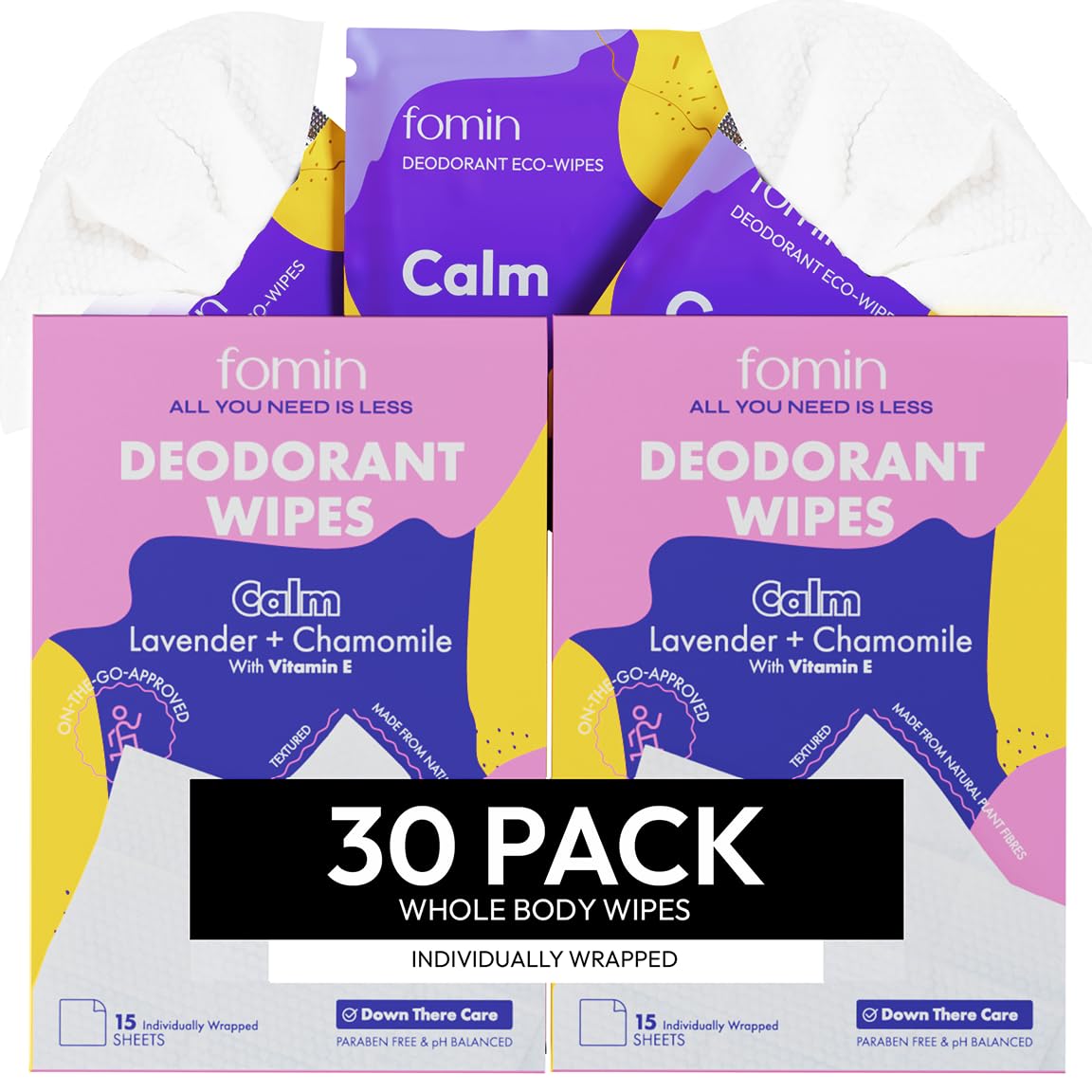FOMIN Travel Deodorant Wipes - 30 Count - Lavender and Chamomile pH Balanced, Hypoallergenic Mini Deodorant Wipes For Women and Men - Plastic-Free, Individually Wrapped Underarm & Body Wipes