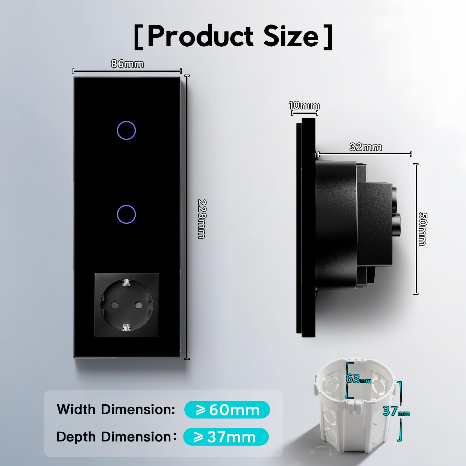 BSEED Normalne gniazdko z przełącznikiem światła Smart Alexa, kompatybilne z Alexa, Google Home, podwójny inteligentny włącznik światła ze szklanym ekranem dotykowym, 1-drożny, 1-drożny, 16 A, czarne