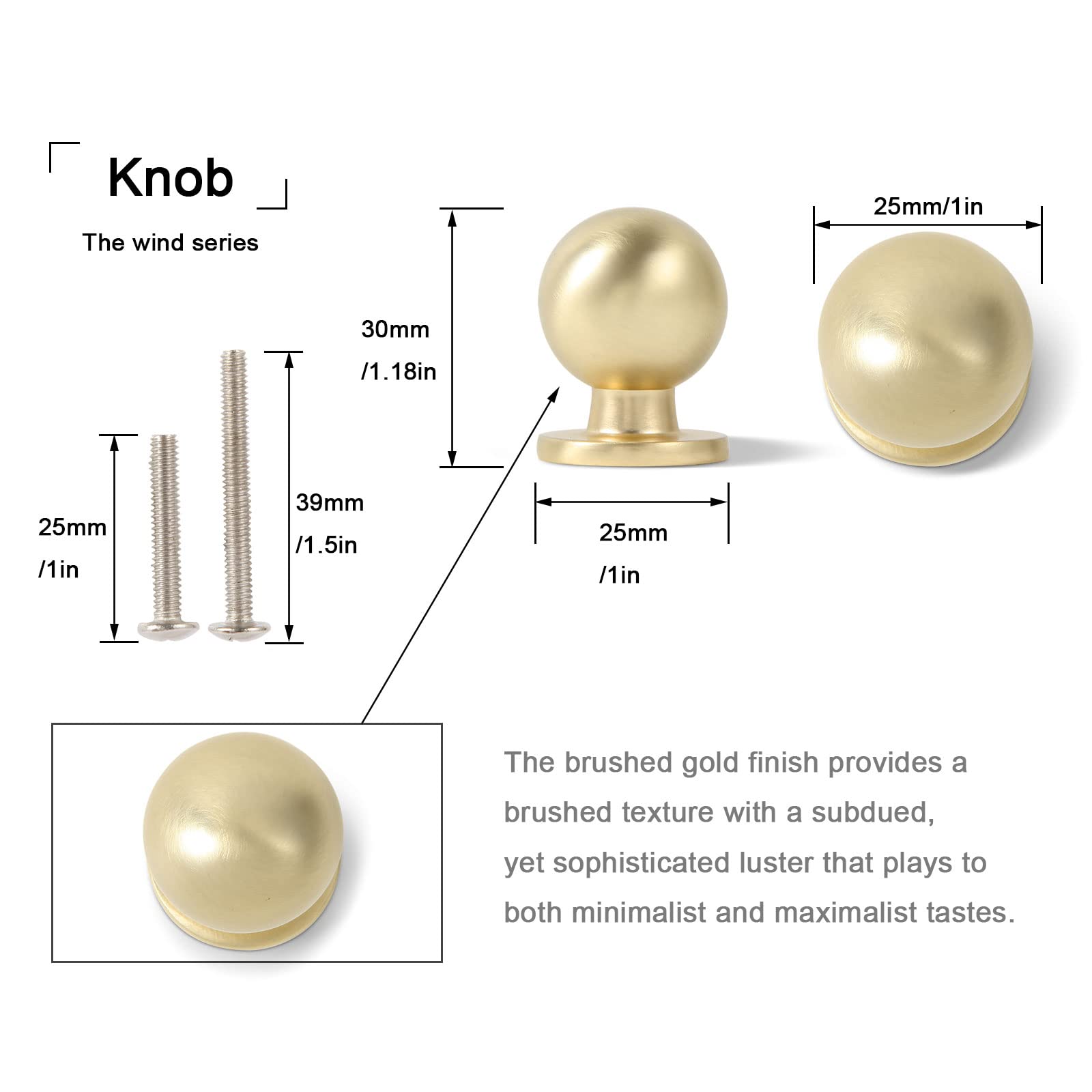KHTUMEWARE-8222 Round Knob, Brushed Brass, 1 in (25 mm), 10-Pack in Brushed Brass — KHTUMEWARE