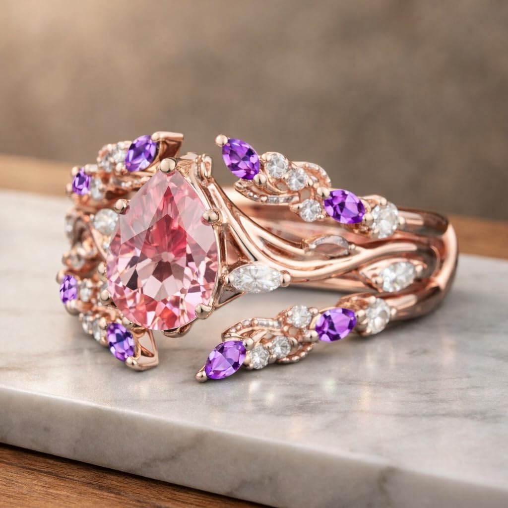Pear Cut Morganite Engagement Ring Enhancer Set for Women 18K Rose Gold Leaf Vine Wedding Ring with Amethyst & Diamond Accents Vintage Floral Bridal Promise Jewelry Gift
